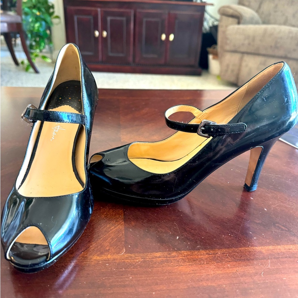 Black patent leather by Cole Han peep toe 3 inch heel